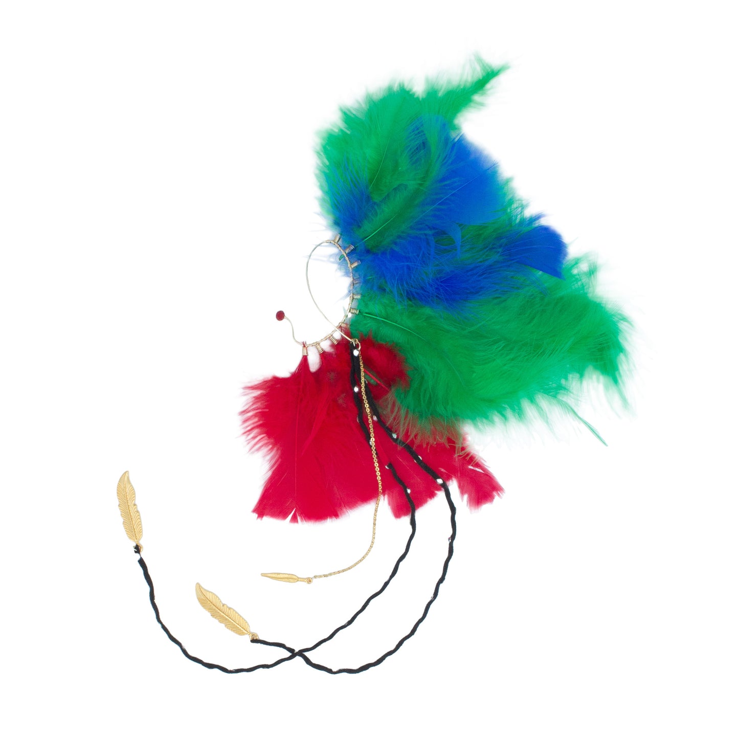 EA0001 Golden right earcuff with colored feathers