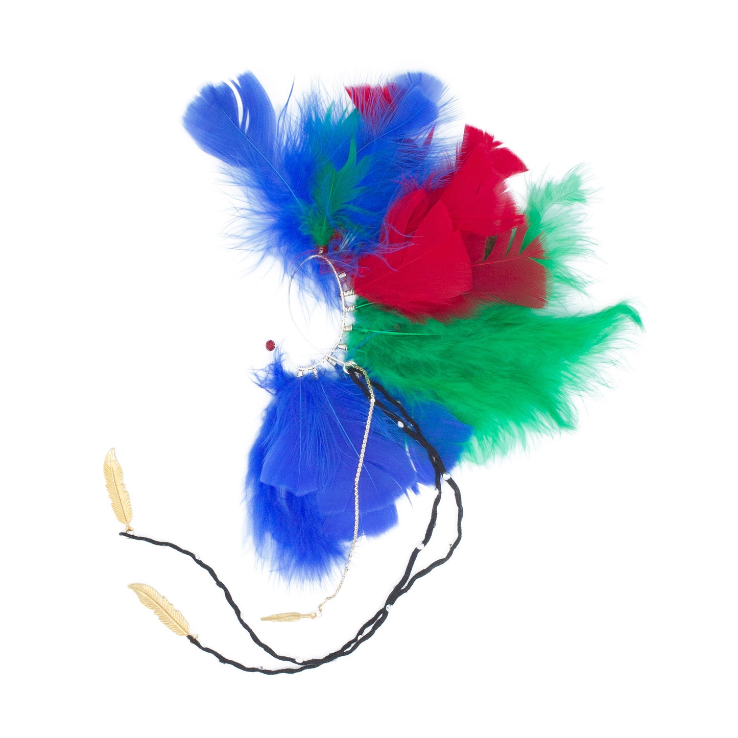 EA0002 Golden left earcuff with colored feathers
