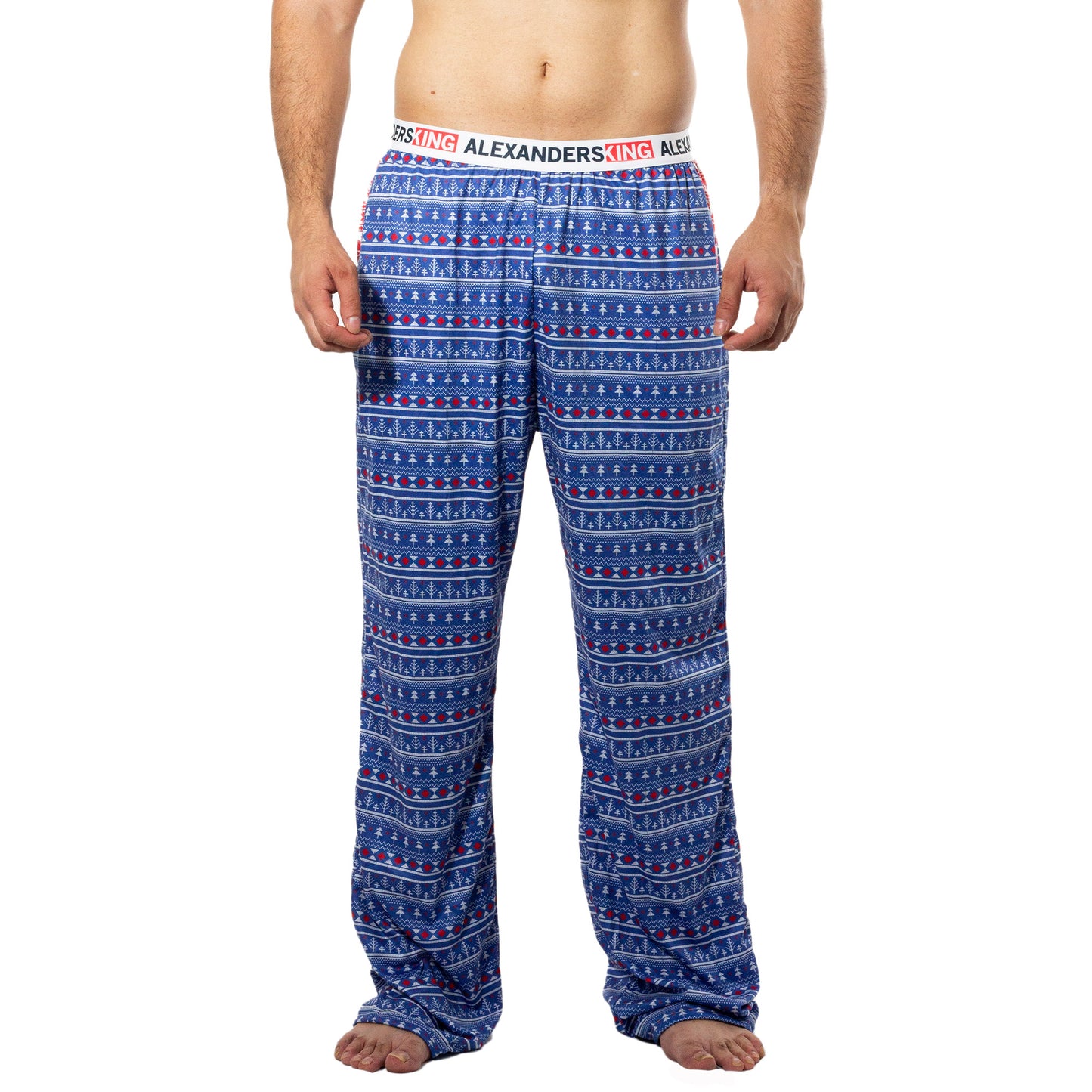 PJ0002 Sublimated Christmas Night Pajama pants blue pines, red reindeer on white background