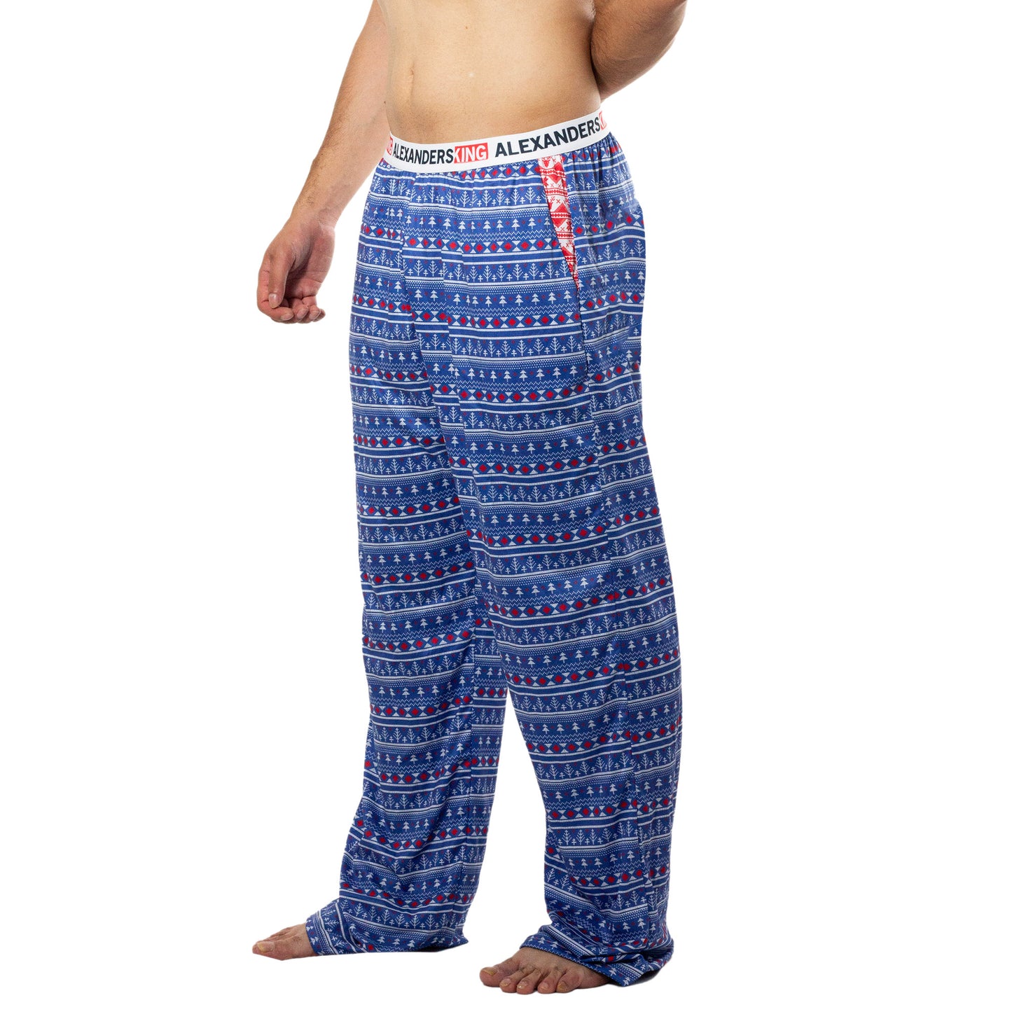 PJ0002 Sublimated Christmas Night Pajama pants blue pines, red reindeer on white background