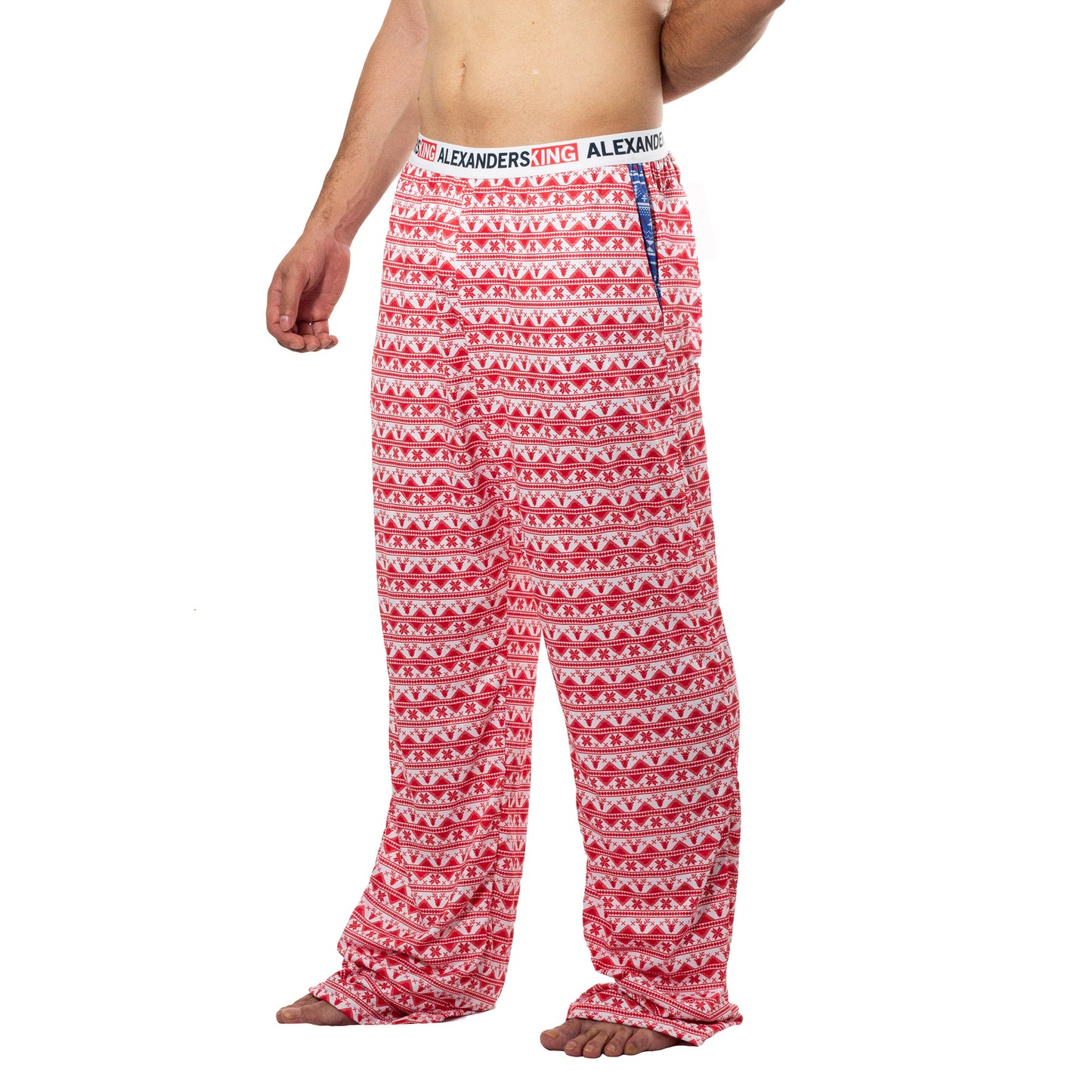PJ0003 Sublimated Christmas reindeer pajama pants with red reindeer on white background white background