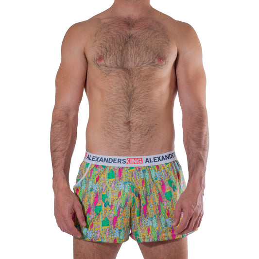 SJ0002 Boxer Short Ahau Tumbel estampados de figuras de hojas de colores fondo naranjas sublimado skinit