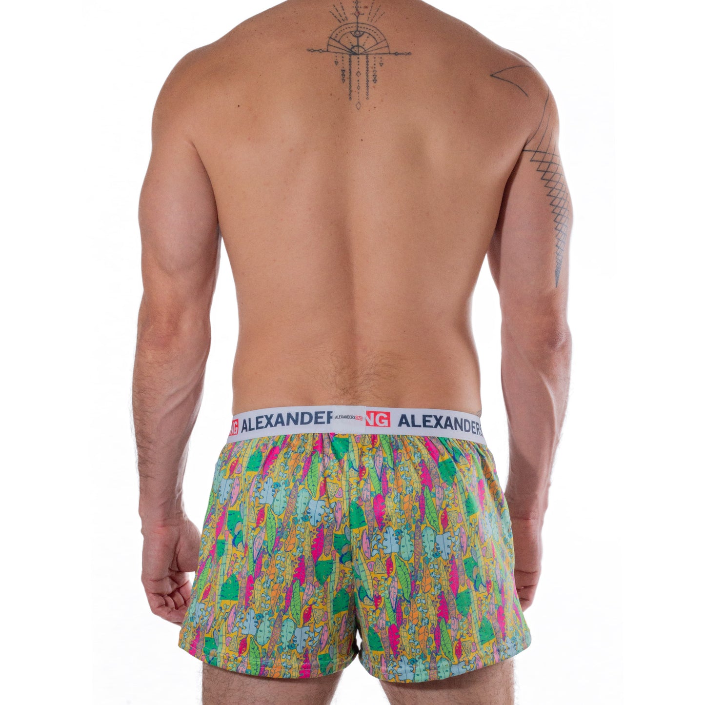 SJ0002 Boxer Short Ahau Tumbel estampados de figuras de hojas de colores fondo naranjas sublimado skinit