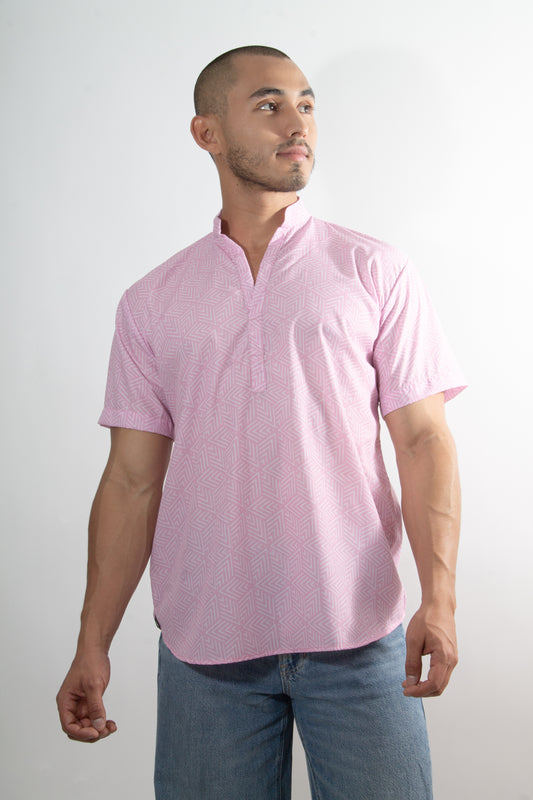 CC0012 Camisa Casual Cuello Mao Coloradas manga corta Rosa con Blanco