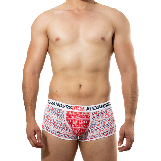 BP0025 Boxer Amor Navideño figuras de renos y pinos fondo rojo y corazones skinit