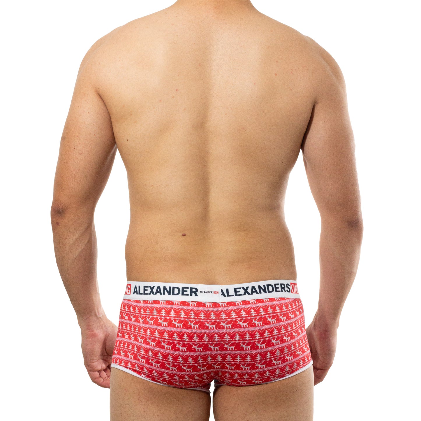 BP0025 Boxer Amor Navideño figuras de renos y pinos fondo rojo y corazones skinit