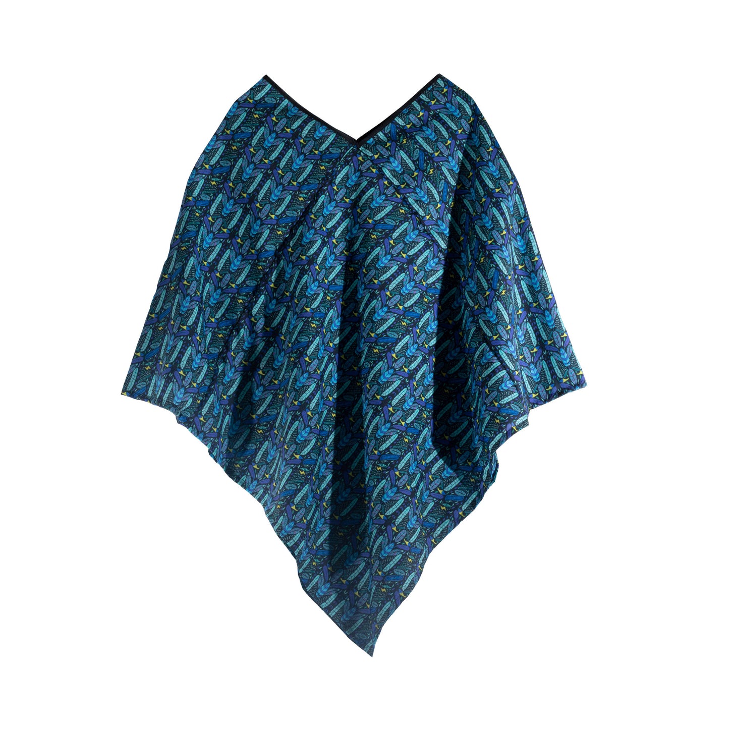 QT0002 Poncho estilo Quechquemetl Tulum estampado figuras plumas azules skinit
