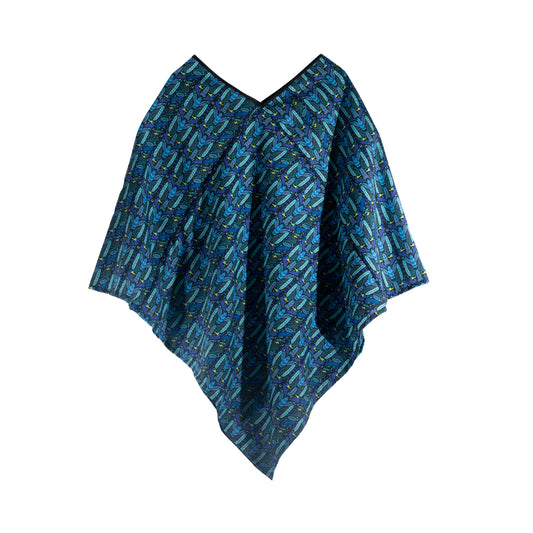 QT0002 Poncho estilo Quechquemetl Tulum estampado figuras plumas azules skinit