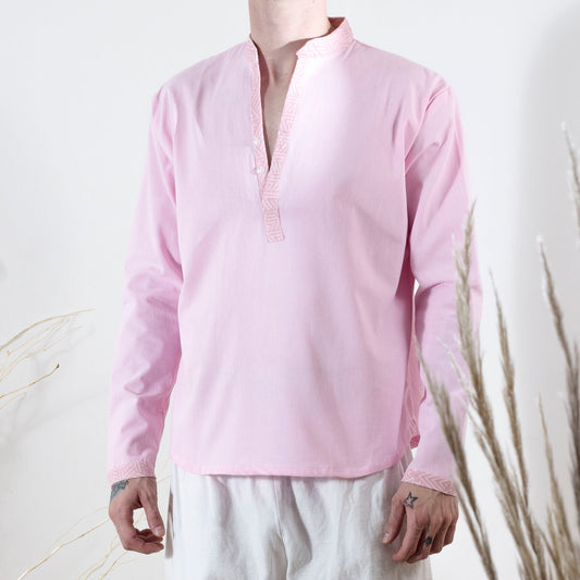 CS0003 Camisa Minimal Manta Rosa con detalles rosa y crudo