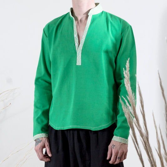 CS0001 Camisa Minimal Manta verde con detalles verde y crudo