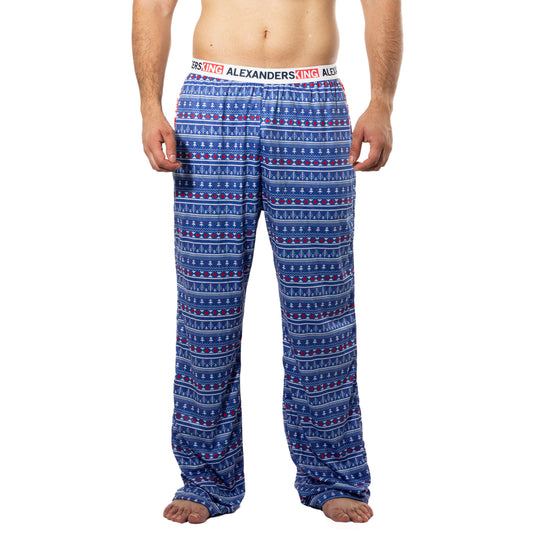 PJ0002 Pantalon Pijama Noche Navide̱a sublimado pinos azules, renos rojos en fondo blanco