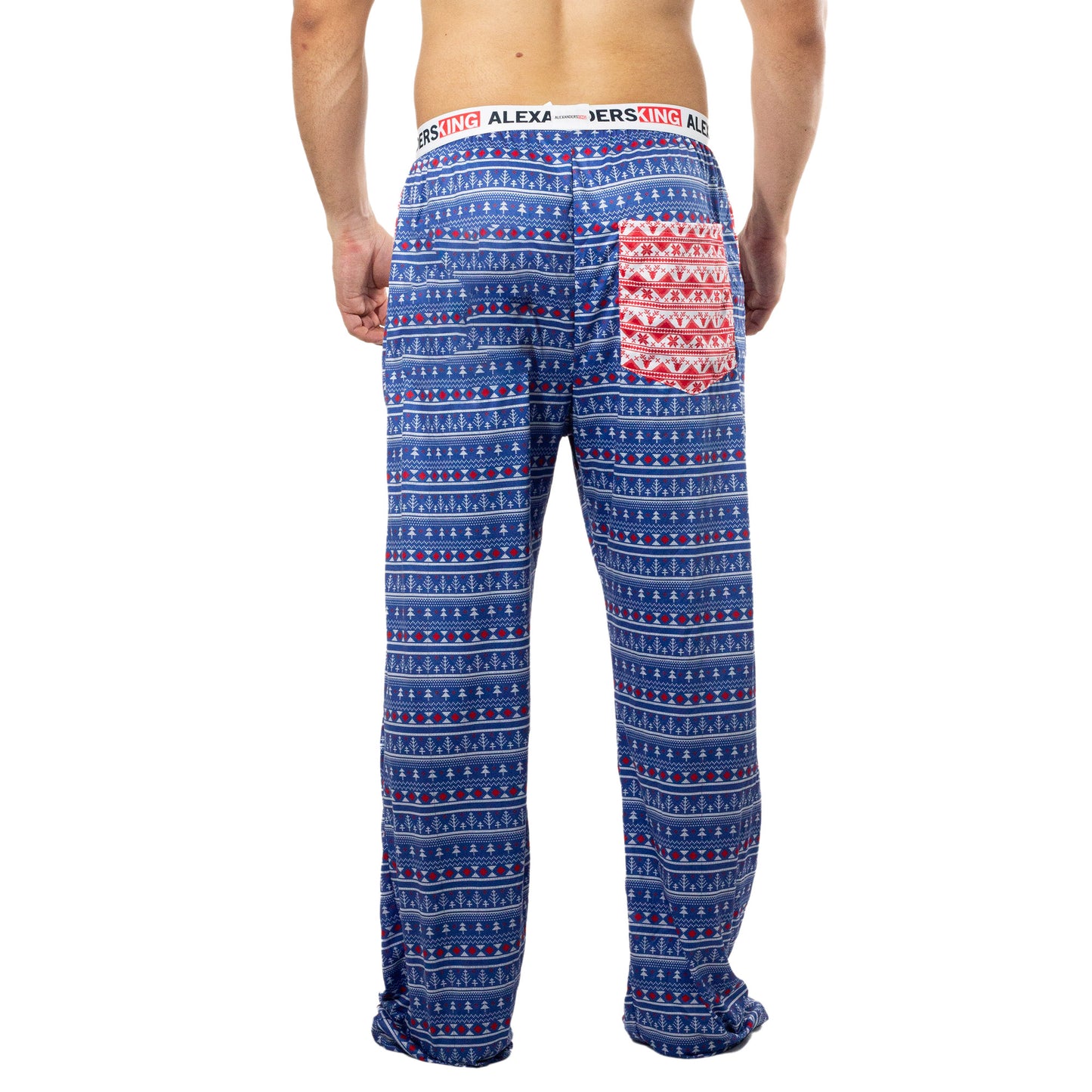 PJ0002 Pantalon Pijama Noche Navide̱a sublimado pinos azules, renos rojos en fondo blanco