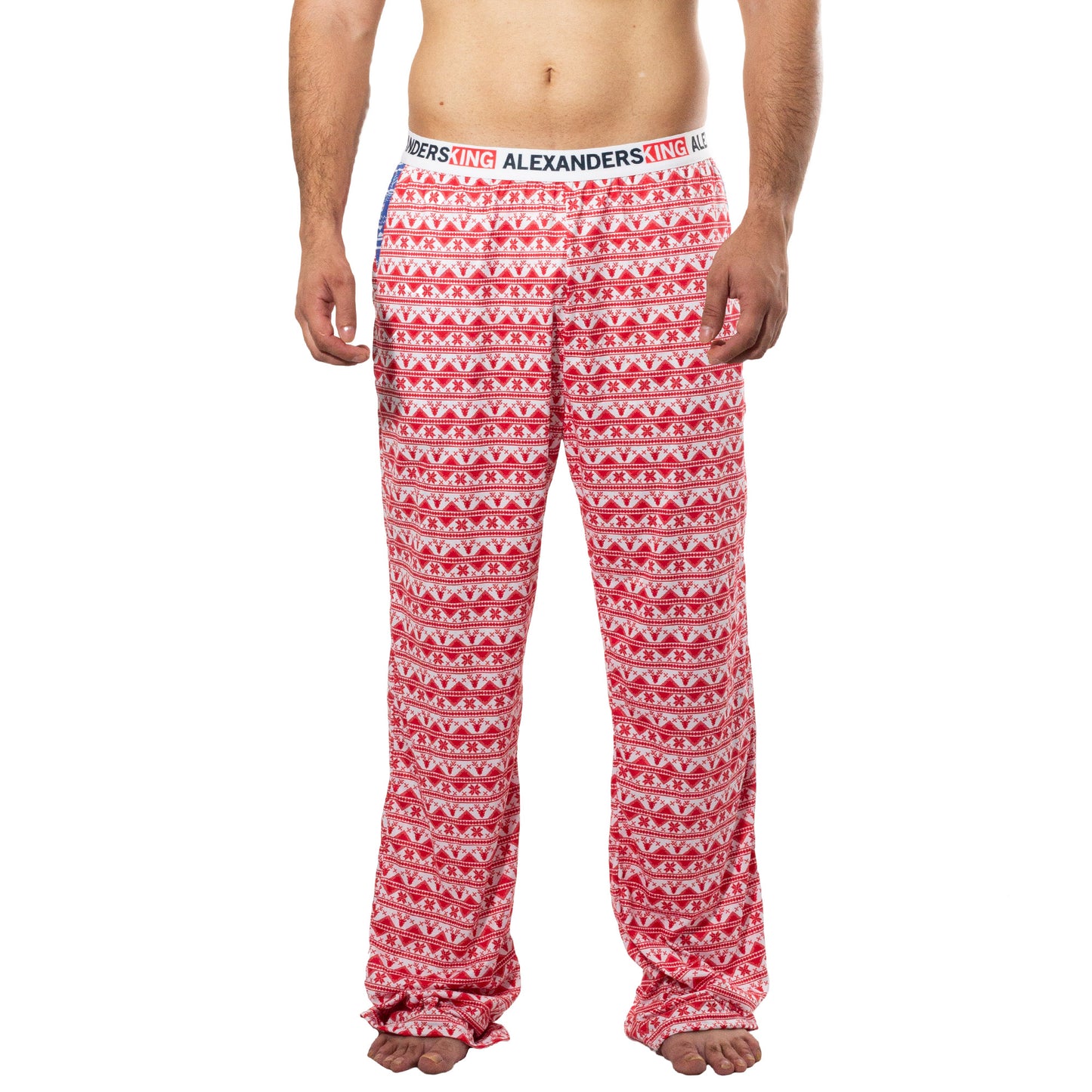 PJ0003 Sublimated Christmas reindeer pajama pants with red reindeer on white background white background
