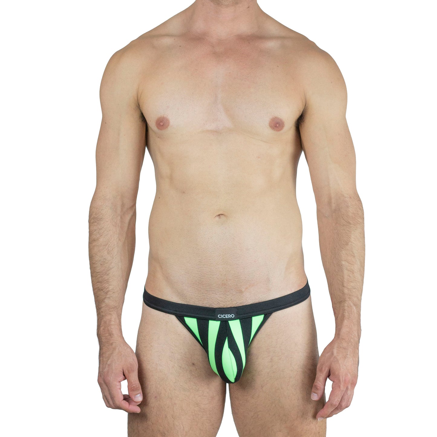 SB0012 Brief bikini rayas negro con verde fosforecente skinit