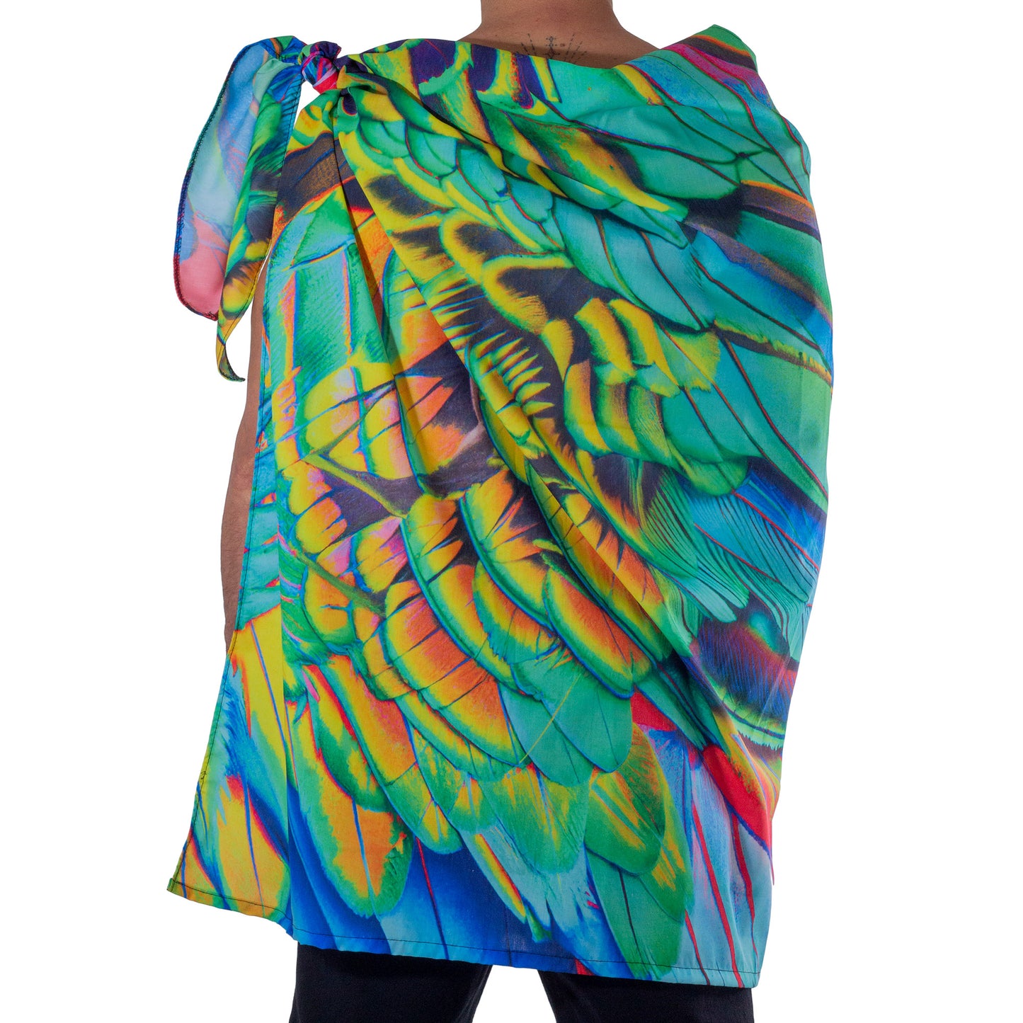 TM0002 Poncho estilo Tematl Quetzal estampado de figuras de plumas skinit